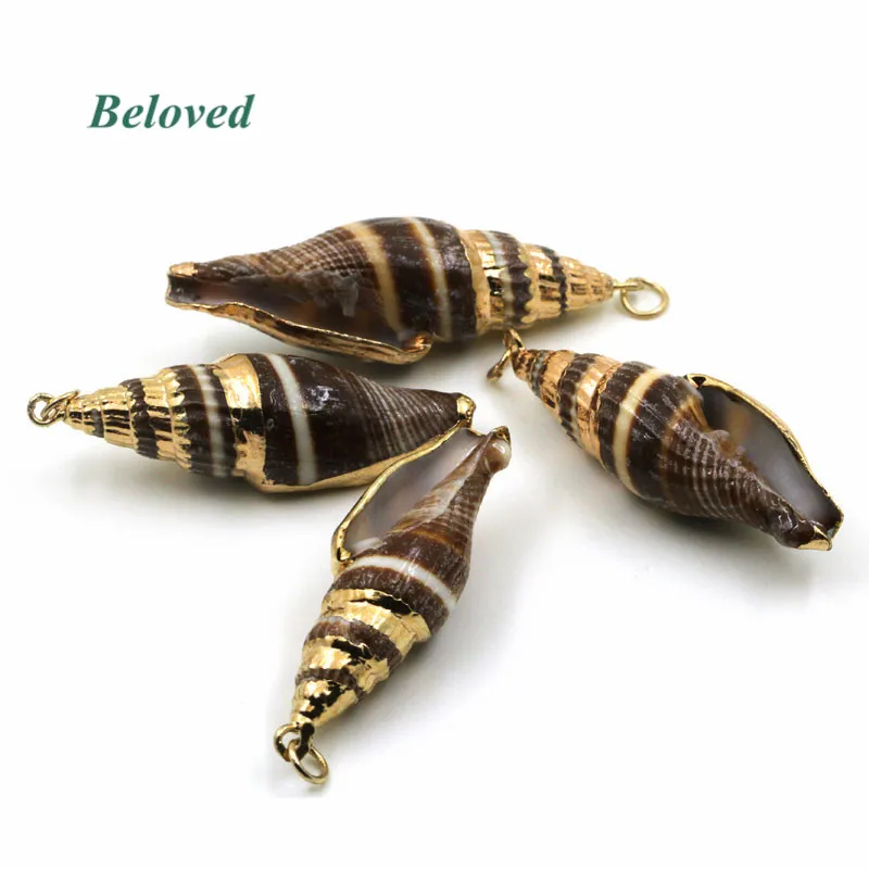 

Long Brown Seashell Conch Pendant Charms,Gold Electroplated Ocean Shell Jewelry DIY Findings, BG18160
