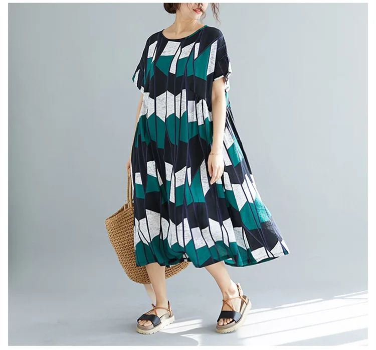Geometry Irregular Print Cotton Linen Casual Summer Dress 2019 O-neck Short Sleeve Women Midi Dress Vestidos (11)
