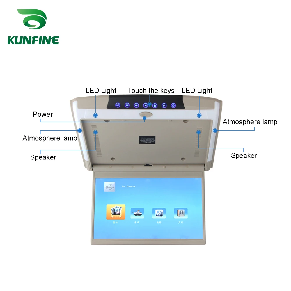 KUNFINE (13 Inch) Car Roof Monitor LCD Flip Down Screen Overhead Multimedia Video Ceiling Roof mount Display (Build in IRFM Transmitter USB ) 13 MP5 (3)(1)