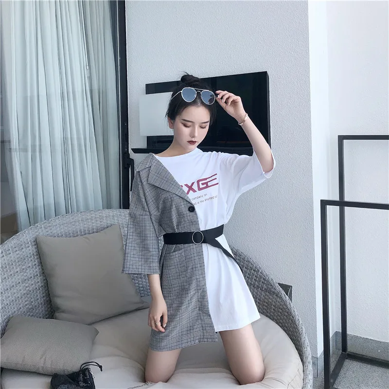 2019 spring and summer letter plaid stitching fake two long T-shirt women's short-sleeved loose fashion chic hip hop T-shirt
2019 spring and summer letter plaid stitching fake two long T-shirt women's short-sleeved loose fashion chic hip hop T-shirt
