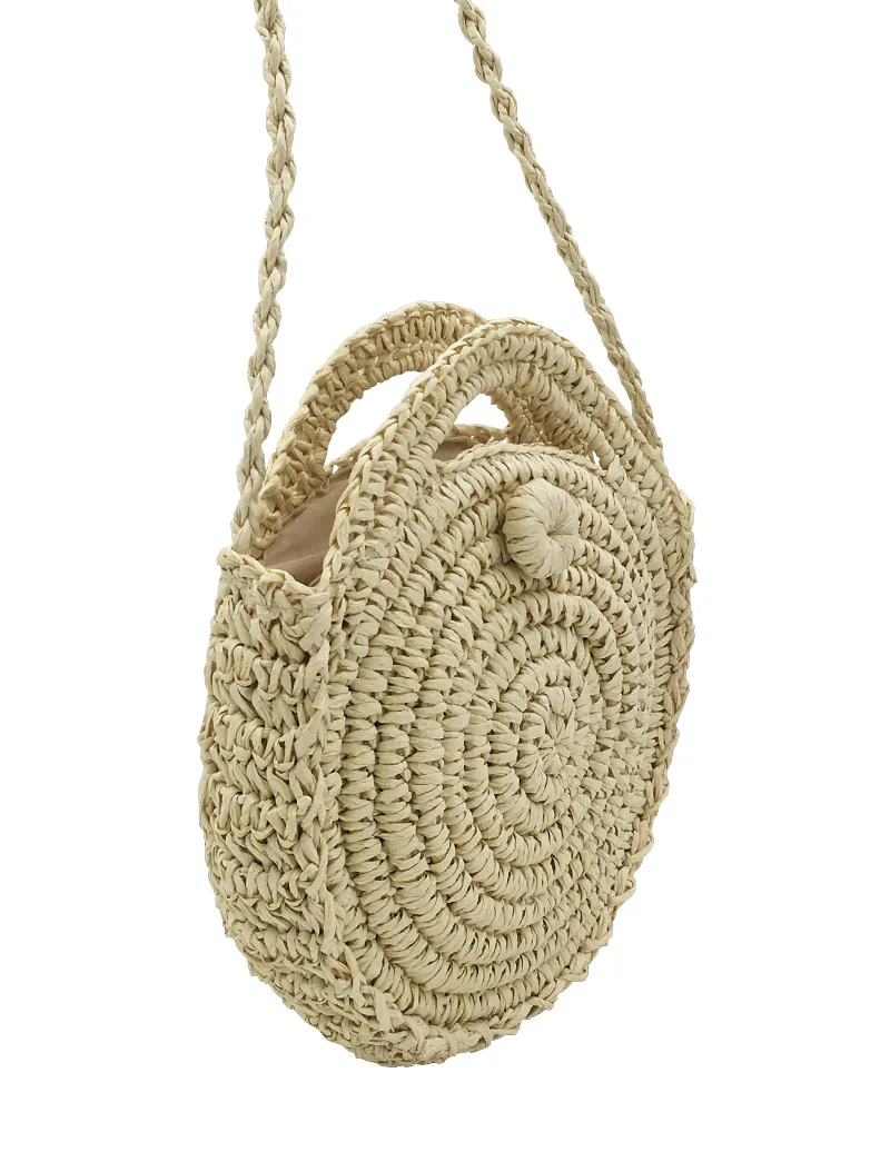 REREKAXI Handmade Rattan Woven Round Lady's Handbag Straw Knit Summer Beach Bag Woman Shoulder Messenger Bag Khaki Beige Tote 10