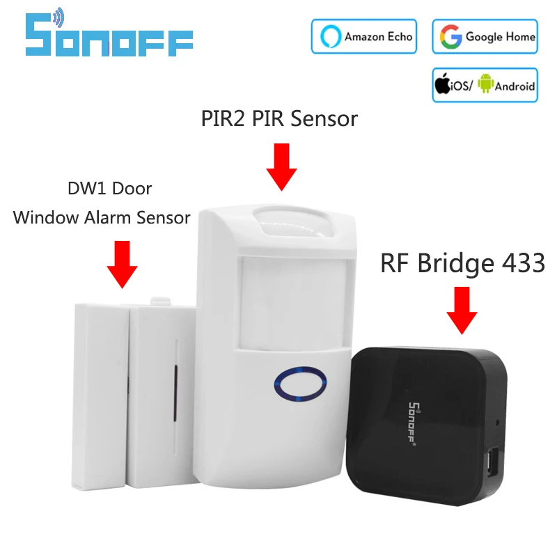 Sonoff RF Bridge 433MHZ Wifi Wireless Signal Converter PIR 2 Sensor/ DW1 Door & Window Alarm Sensor for Smart Home Security Kits
Sonoff RF Bridge 433MHZ Wifi Wireless Signal Converter PIR 2 Sensor/ DW1 Door & Window Alarm Sensor for Smart Home Security Kits