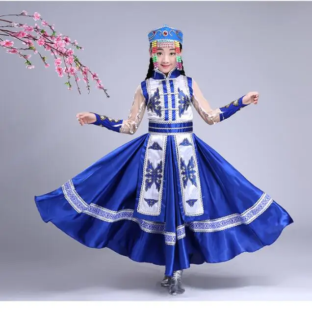 

Chinese Mongolian Costume Children Folk Dance Girls Blue Stage Tradition