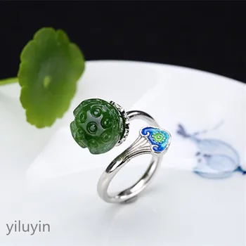 

KJJEAXCMY boutique jewelry S925 Sterling Silver Antique inlaid and Tian Biyu lotus Cloisonne lady high-end open ring