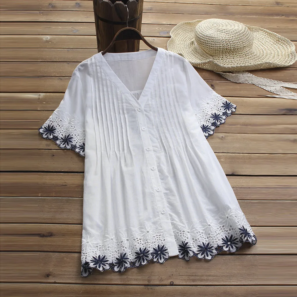 Tshirt Women Plus Size Vintage Tee Shirt Femme Short Sleeve V-Neck Lace Button Summer Top Beach Women T-Shirt poleras mujer
Tshirt Women Plus Size Vintage Tee Shirt Femme Short Sleeve V-Neck Lace Button Summer Top Beach Women T-Shirt poleras mujer