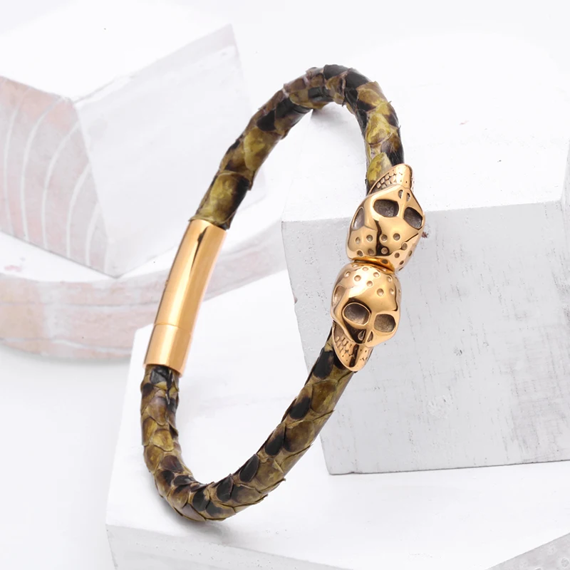Mcllroy Bracelets & bangles Leather bracelet 6mm Snakeskin Titanium steel Skeleton Copper color Personality Pulseira masculina
Mcllroy Bracelets & bangles Leather bracelet 6mm Snakeskin Titanium steel Skeleton Copper color Personality Pulseira masculina