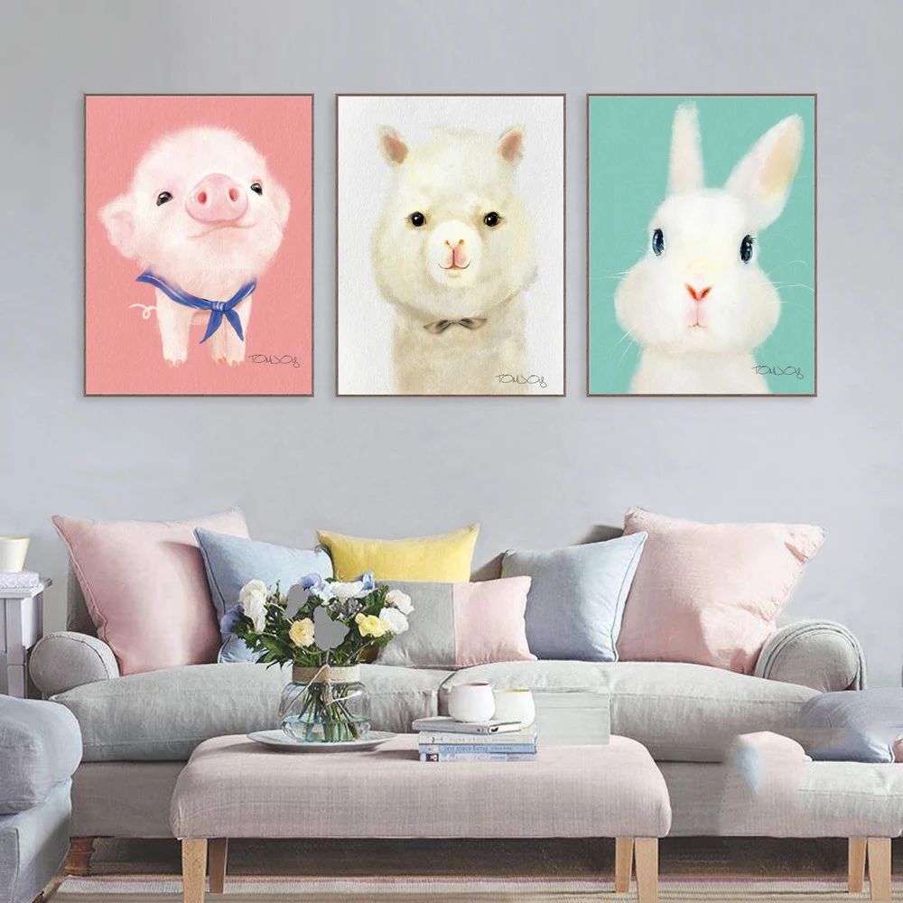 Image Triptych Lovely Cartoon Animal Canvas Art Print Painting Cute Rabbit Pig Dog Poster Wall Picture For Home Decoration Wall Decor