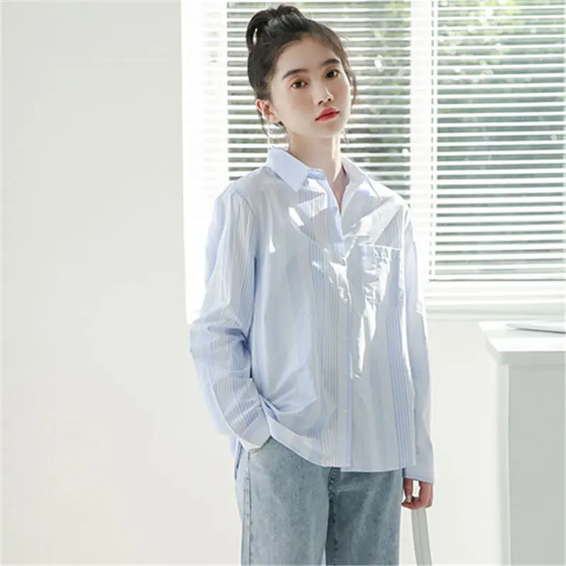 

Hzirip 2019 Chic Korea Blue Autumn Striped OL Casual Full-Sleeved Fresh High Quality Loose Office Ladies High Street Shirts