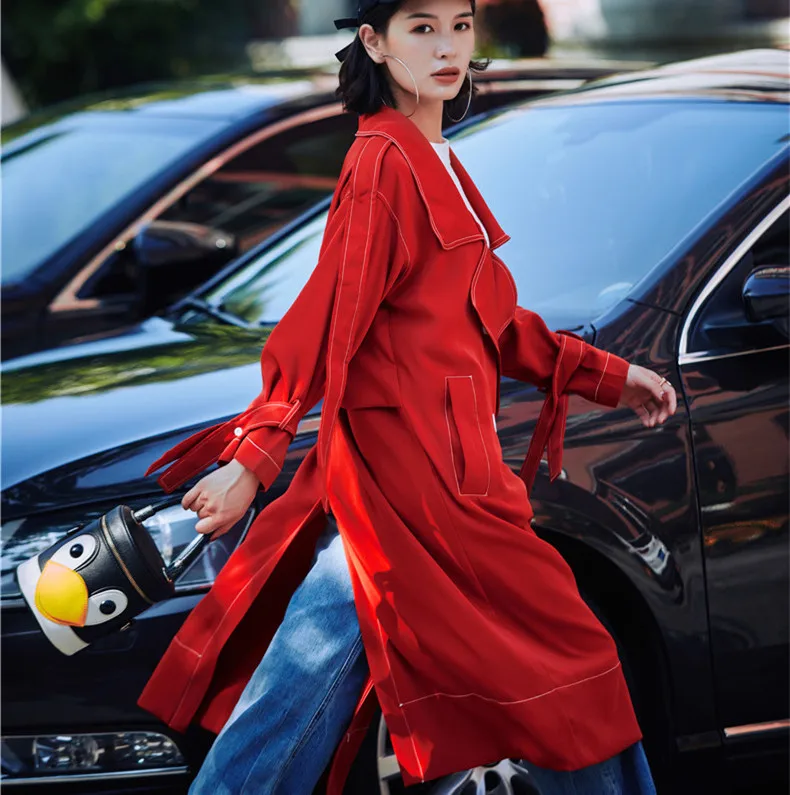 Image Cakucool New Women Extra Long Trench Coat Red Loose Streetwear Windbreaker Large Size Runway Korea style Women Trench Coats