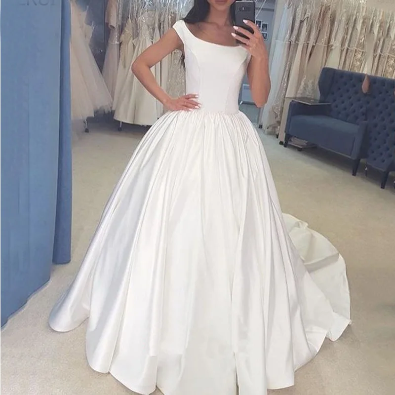 White Ivory Simple Satin Wedding Dresses Cap Sleeves Princess Ball Gown Lace Up Back Bride Dresses Wedding Gowns Robe De Mariee
White Ivory Simple Satin Wedding Dresses Cap Sleeves Princess Ball Gown Lace Up Back Bride Dresses Wedding Gowns Robe De Mariee