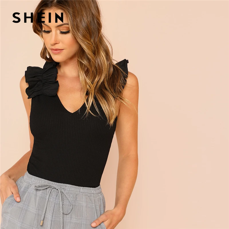 SHEIN Black Elegant Sexy Ruffle Trim Sleeveless Rib Knit V Neck Tee Summer Women Weekend Casual T-shirt Top
SHEIN Black Elegant Sexy Ruffle Trim Sleeveless Rib Knit V Neck Tee Summer Women Weekend Casual T-shirt Top