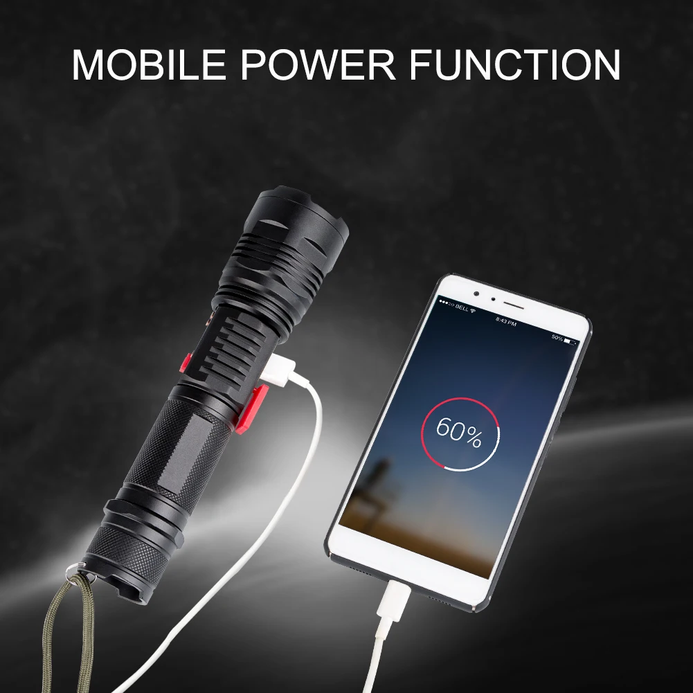USB Flashlight Rechargeable Mobile Power Use XML-T6 LED 3800LM Flashlight Lamp Torch Waterproof Lanterna 18650 26650
USB Flashlight Rechargeable Mobile Power Use XML-T6 LED 3800LM Flashlight Lamp Torch Waterproof Lanterna 18650 26650