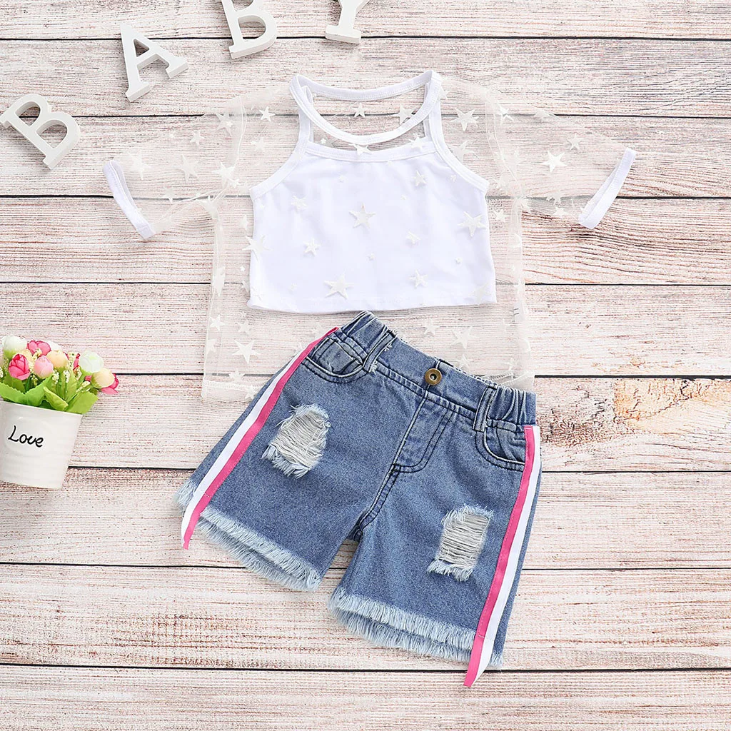 Toddler Baby Kid Girl Sets White Vest +Tulle Chiffon Tops +Denim Shorts 3Piece Suit Child Outfits Clothes 1-3 Years birthday
Toddler Baby Kid Girl Sets White Vest +Tulle Chiffon Tops +Denim Shorts 3Piece Suit Child Outfits Clothes 1-3 Years birthday