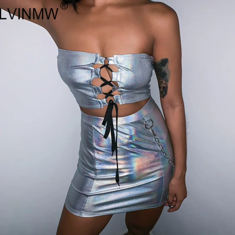 LVINMW Sexy Silver Reflective Two Piece Set Slash Neck Lace Up Cross Hollow Out Tops High Waist Skinny Skirts Female Party Club
LVINMW Sexy Silver Reflective Two Piece Set Slash Neck Lace Up Cross Hollow Out Tops High Waist Skinny Skirts Female Party Club