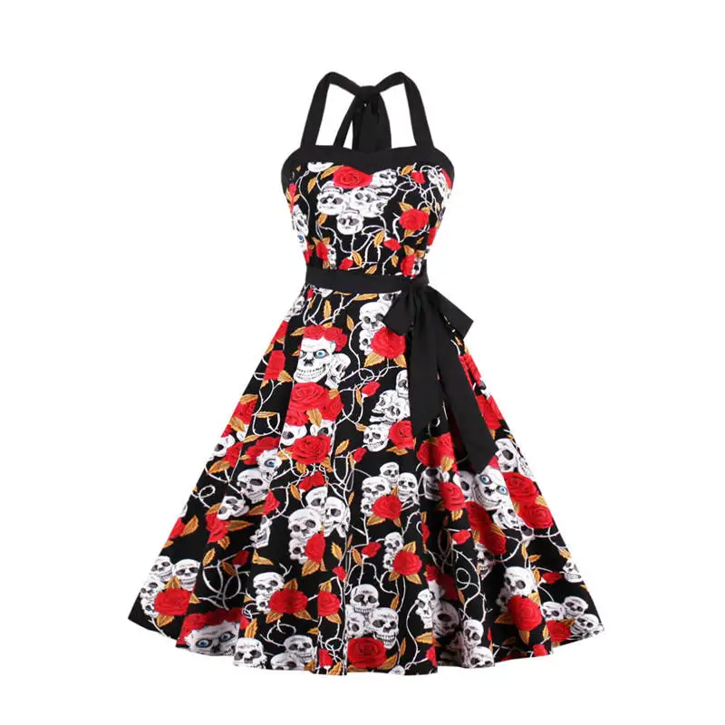 Womens Skull Head Print Sleeveless Halter Dress Retro Vintage 50s Ladies Plus Size Rockabilly Party Dress 2018 Summer Sundress
Womens Skull Head Print Sleeveless Halter Dress Retro Vintage 50s Ladies Plus Size Rockabilly Party Dress 2018 Summer Sundress