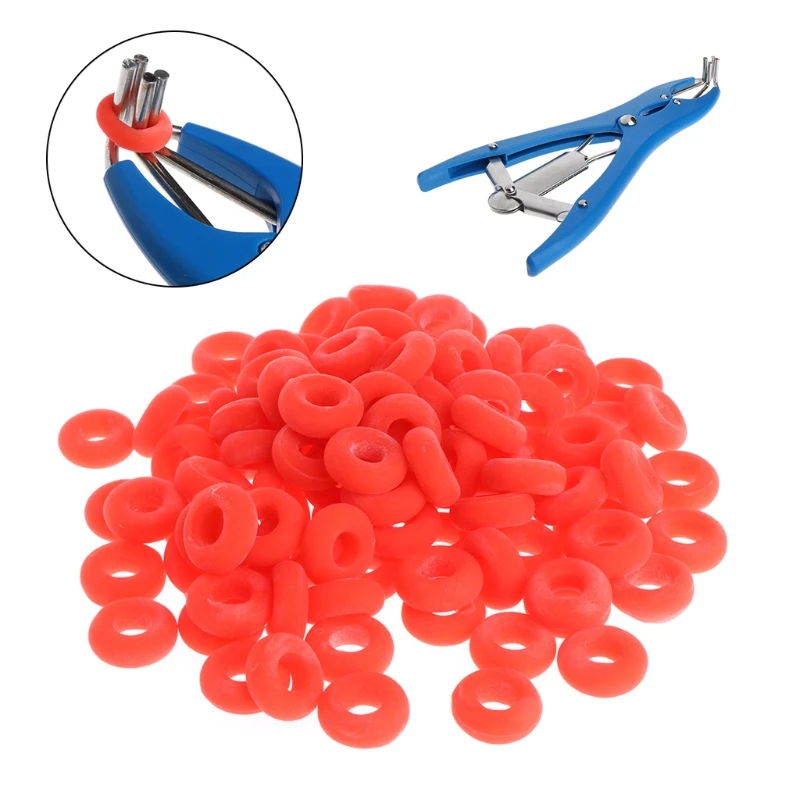 Castrating Pliers Rubber Ring Applicator /& 100 pcs silicon rings Castrator Lamb
