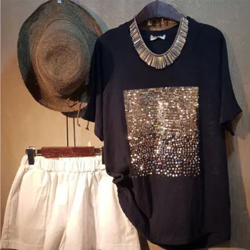 Sequined Patchwork Women's T-shirt Tops Black White O Neck Female Loose tshirts 2020 Spring Summer Casual Fashion Ladies Tshirts
Sequined Patchwork Women's T-shirt Tops Black White O Neck Female Loose tshirts 2020 Spring Summer Casual Fashion Ladies Tshirts