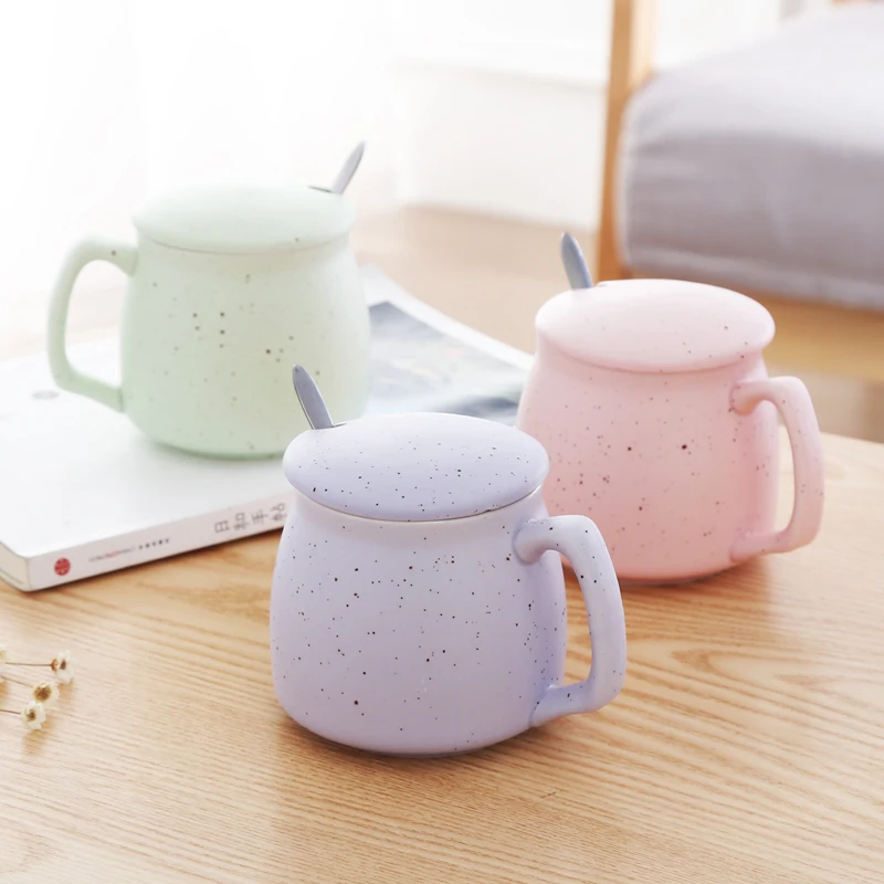 

300ML 4 Colors Office Concise Ceramic Coffee Mug With Lid Spoon Couple Juice Tea Milk Cup Tumbler For Oatmeal Breakfast 8*8.3CM