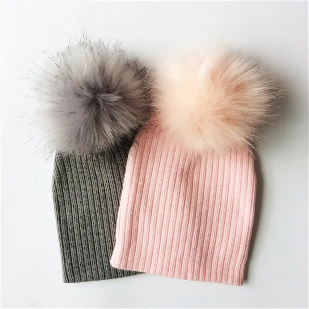 Girls Boys Christmas Faux Fur Ball Beanie Baby Knit Cap Warm Hat Kids Winter Hat