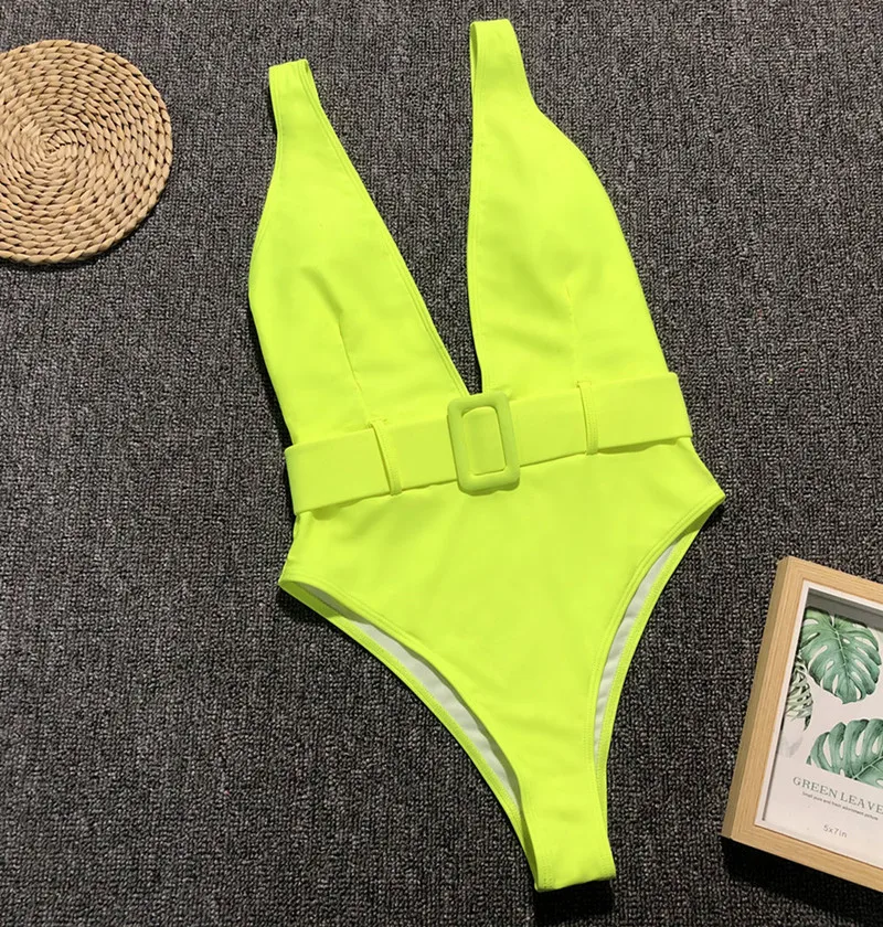 

Helisopus New Neon Green One Piece Bodysuit Women 2019 Summer Leopard Solid Color High Waist Beach Suit with Waistband