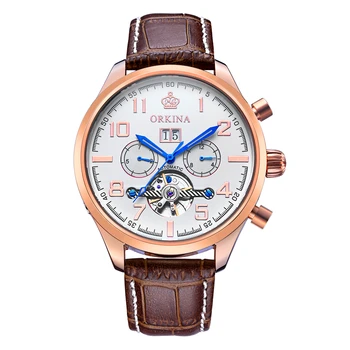 

ORKINA Classic Day Date Calendar Automatic Tourbillon Brown Leather Strap Analog Men's Mechanical Watch Rose Gold Montre Homme