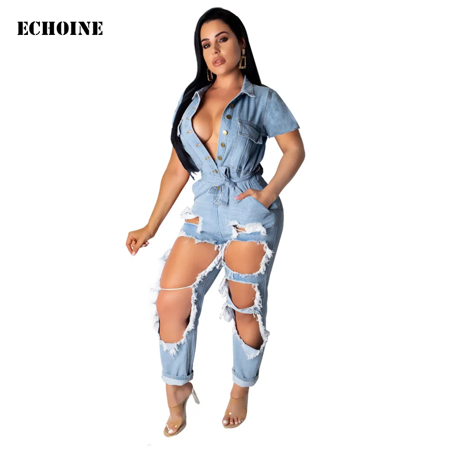 Denim Jeans Jumpsuit Hollow Out Ripped Hole Rompers with Belt Pocket Short Sleeve Button V-neck Overalls Sexy Club Outfits
Denim Jeans Jumpsuit Hollow Out Ripped Hole Rompers with Belt Pocket Short Sleeve Button V-neck Overalls Sexy Club Outfits