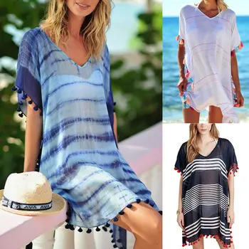 Women Stripe Print Tassel Swimsuit Bikini Cover Up Dress Kaftan V Neck Tops Swimwear Female Beach Dresses
Women Stripe Print Tassel Swimsuit Bikini Cover Up Dress Kaftan V Neck Tops Swimwear Female Beach Dresses