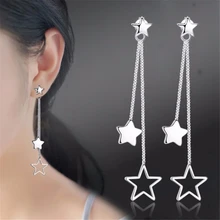 Popular jóias de prata das mulheres de franja exagerada brincos da orelha meninas ornamento geométrico da estrela pendurada na seção longa 60mm(China)