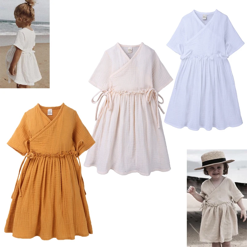 2019 Summer Baby Girl Dress Loose Ruffles Cotton Linen short Sleeve Teens Dresses Casual Kids Outfits Princess Children Clothing | Детская