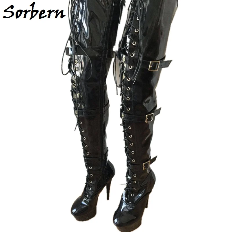 

Sorbern Buckle Crotch Thigh High Boots Patent Leather Round Toe Super High Heels Custom Color Cross-Tied Booties Womens Shoes