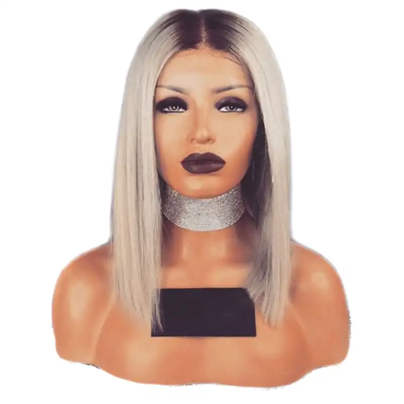 Eewigs Ash Blonde Lace Front Wig With Dark Roots 14inch Short Bob Straight Wig 13x4 Ombre Synthetic Wigs For Black Women
