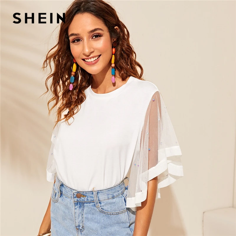 SHEIN Pearls Beaded Mesh Flutter Sleeve Tee Women 2019 White Solid Elegant Half Sleeve Round Neck Tshirt Summer Tops
SHEIN Pearls Beaded Mesh Flutter Sleeve Tee Women 2019 White Solid Elegant Half Sleeve Round Neck Tshirt Summer Tops