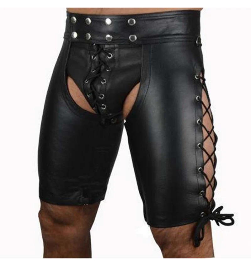 2019 Sexy Lingerie New Hot Black Mens Latex PVC Bondage Open Cortch Shorts Gothic Fetish Gay Men Faux Leather Lace Up Pants (5)