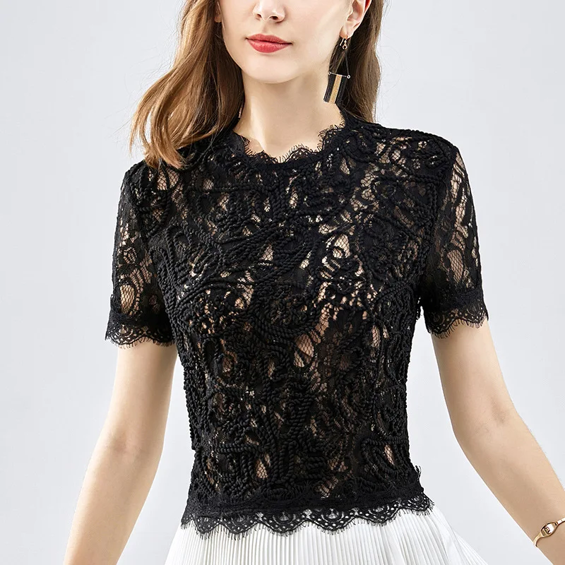 Women T Shirt Slim Bottoming Short Sleeved Black 2019 Summer Shirt Lace Hook Flower Hollow Plus Size T-shirt Clothes
Women T Shirt Slim Bottoming Short Sleeved Black 2019 Summer Shirt Lace Hook Flower Hollow Plus Size T-shirt Clothes
