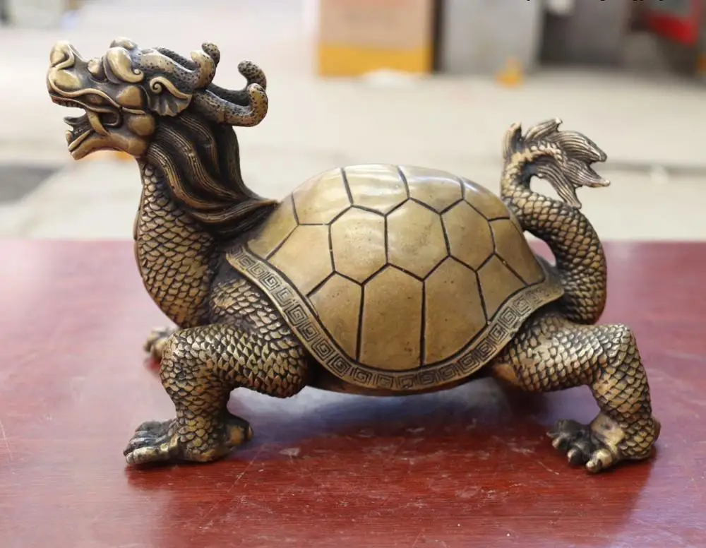 

China FengShui Bronze Copper Wealth Money YuanBao Dragon tortoise turtle Statue