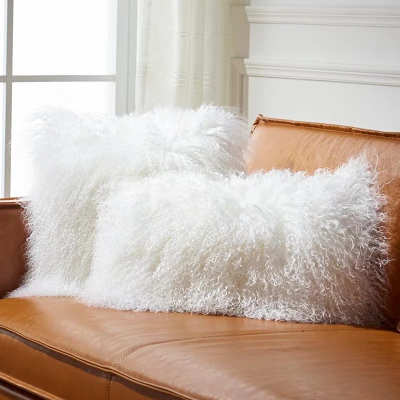 

Single side Mongolian sheep skin fur seat pillow cushion, genuine natural curly Tibet sheep fur decoration sofa pillow