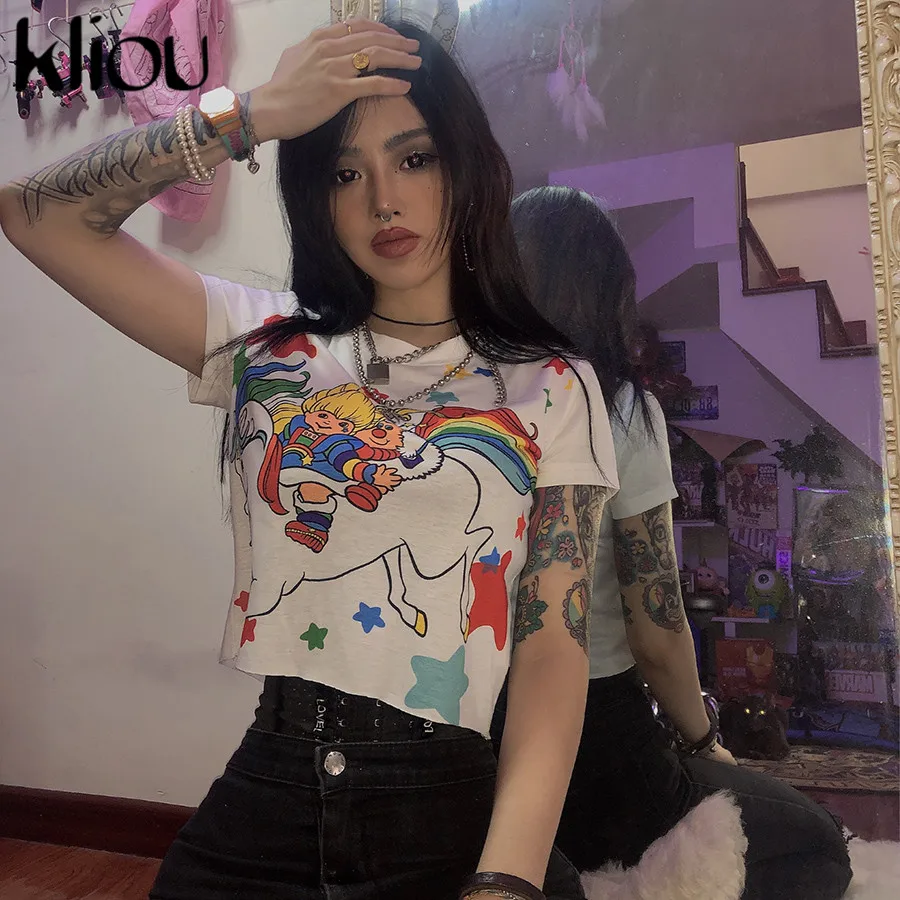 Kliou 2019 summer hot sell women t-shirt short sleeve o-neck crop top loose tshirt rainbow print girls fashion street top tees
Kliou 2019 summer hot sell women t-shirt short sleeve o-neck crop top loose tshirt rainbow print girls fashion street top tees