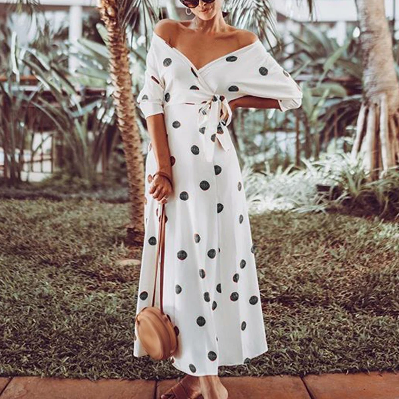 Women Summer Dress Beach Sexy Polka Dot Boat Neck Deep V-Neck Lace-Up Half Sleve Dresses Elegant Belt Long Dress Maxi
Women Summer Dress Beach Sexy Polka Dot Boat Neck Deep V-Neck Lace-Up Half Sleve Dresses Elegant Belt Long Dress Maxi