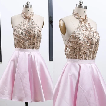 Pink A-Line Halter Knee-Length Beading Satin Prom Party Formal Evening Dress M 262408
Pink A-Line Halter Knee-Length Beading Satin Prom Party Formal Evening Dress M 262408