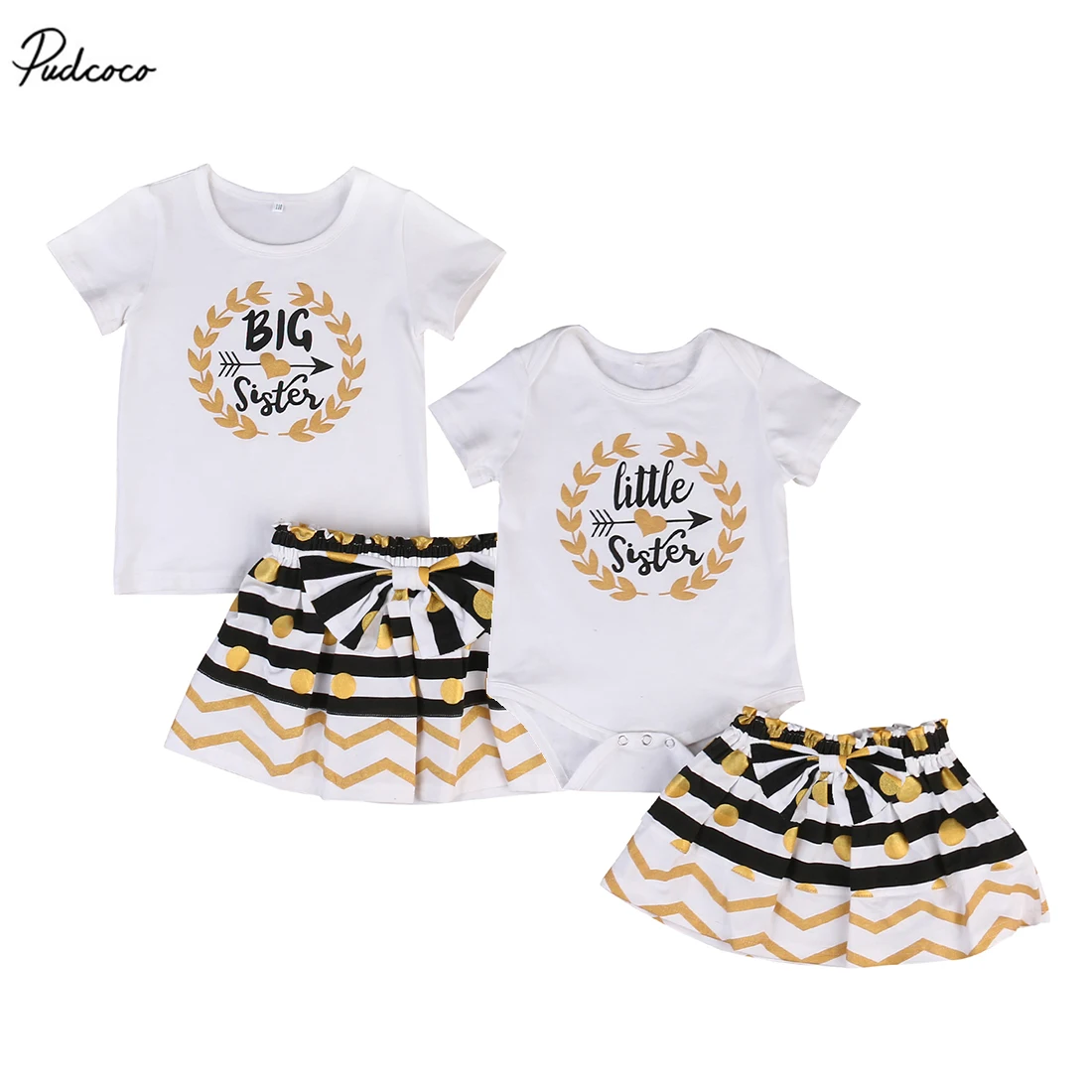 Infant Baby Girls Sister Family Set Short Sleeve Romper T-shirt Striped Polka Dot Skirt Outfits Clothes | Мать и ребенок