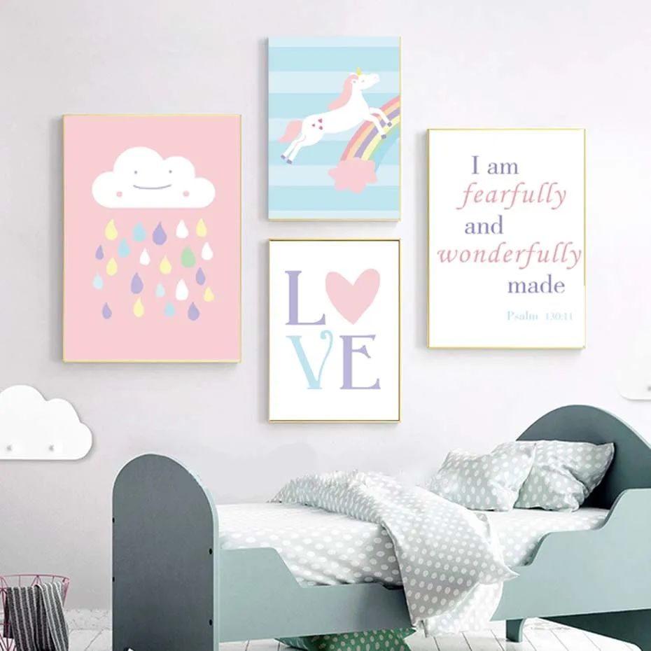Love Pastel Color Wall Art Prints Decor Unicorn Rainbow Cartoon Poster Canvas Painting For Girl Nursery Bedroom Modular Picture (2)