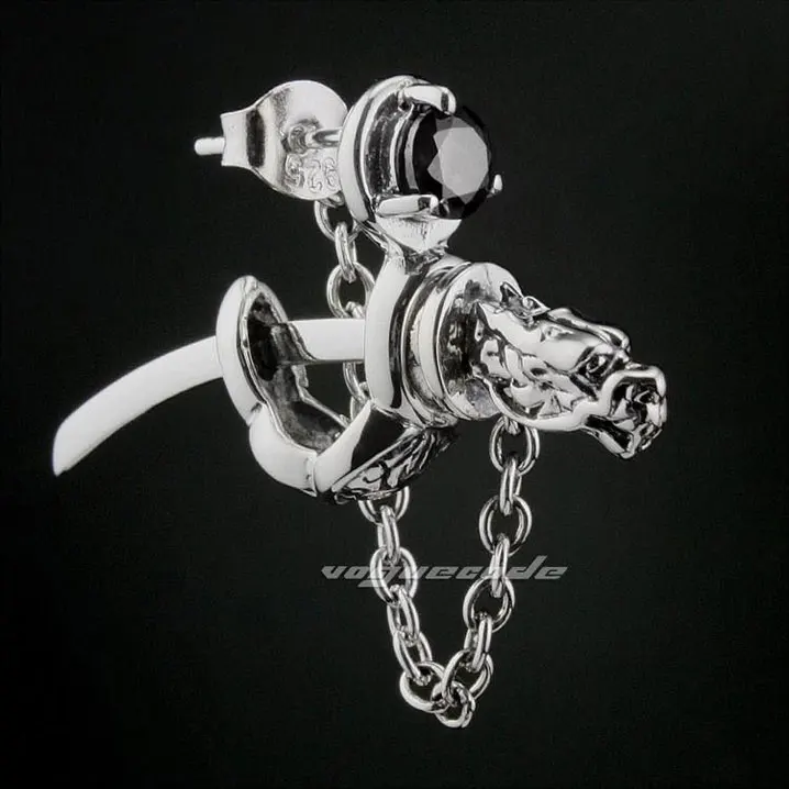 Punk Rocker Fashion Black CZ Stone Earring Solid 925 Sterling Silver Cool Men's Biker Dragon Japanese Katana Stud Earring 8M011
Punk Rocker Fashion Black CZ Stone Earring Solid 925 Sterling Silver Cool Men's Biker Dragon Japanese Katana Stud Earring 8M011