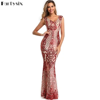 Partysix Elegant V-neck Burgundy Sequins Dress Sleeveless Long Eevning Party Dress
Partysix Elegant V-neck Burgundy Sequins Dress Sleeveless Long Eevning Party Dress