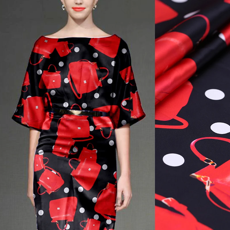 108CM Wide 19MM Red Bags Print 93% Silk & 7% Spandex Stretch Black Silk Satin Fabric for Dress Cheongsam Pants B166
108CM Wide 19MM Red Bags Print 93% Silk & 7% Spandex Stretch Black Silk Satin Fabric for Dress Cheongsam Pants B166