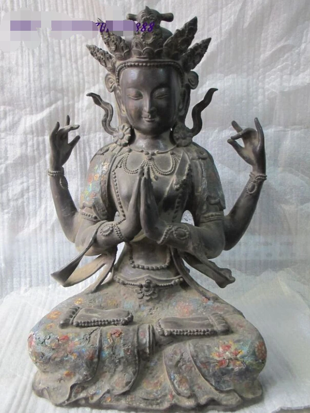 Tibet Tibetan Used bronze Cloisonne 5 plumage Cap kwan yin Four armed Guan yin 20 inch
Tibet Tibetan Used bronze Cloisonne 5 plumage Cap kwan yin Four armed Guan yin 20 inch