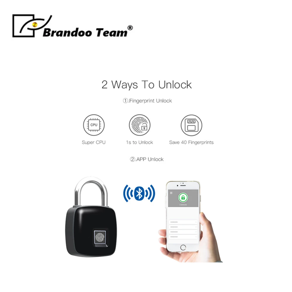 Brandoo Keyless BT Fingerprint padlock with fingerprint Phone Unlock APP Management USB Rechargeable Anti-Theft Lock For bags
Brandoo Keyless BT Fingerprint padlock with fingerprint Phone Unlock APP Management USB Rechargeable Anti-Theft Lock For bags