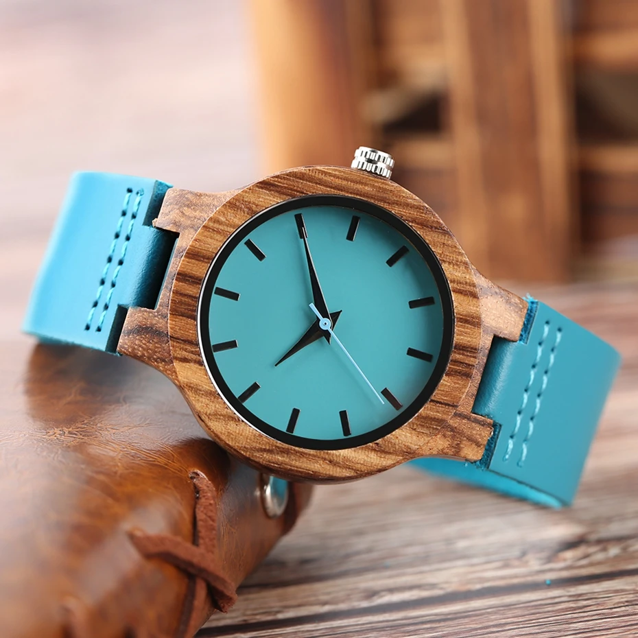 Fashion Blue Wooden Bamboo Quartz-watch Natural Wood Wristwatch Genuine Leather Creative Xmas Gift for Men Women Reloj de madera 2017 2018 (23)
