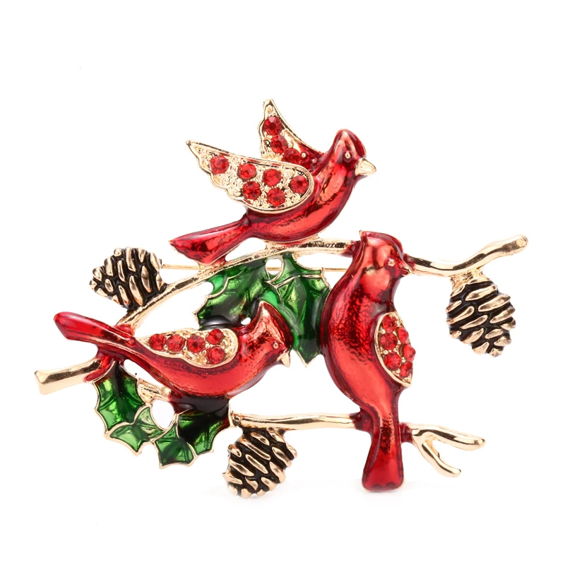 

OneckOha Enameled Red Bird On Tree Brooches Zinc Alloy Pinecone Pin Jewelry Brooch