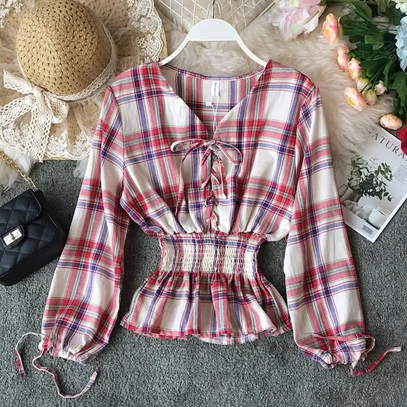 Spring Autumn Waist short trumpet sleeve plaid shirt women's sexy V-neck tie chin wild shirt long-sleeved waist plaid shirt top
Spring Autumn Waist short trumpet sleeve plaid shirt women's sexy V-neck tie chin wild shirt long-sleeved waist plaid shirt top