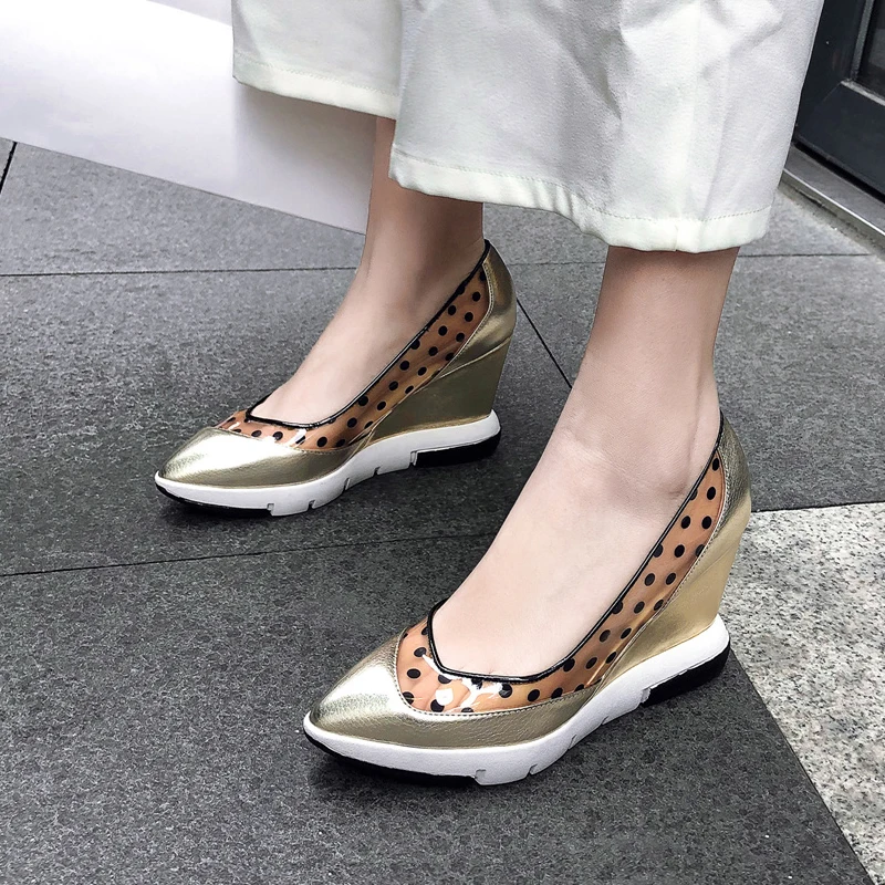Genuine Leather Shoes Woman Pointed toe Wedge Heel High Heels Platform Pumps Gold Silver Lady Shoes Chaussure Femme
Genuine Leather Shoes Woman Pointed toe Wedge Heel High Heels Platform Pumps Gold Silver Lady Shoes Chaussure Femme